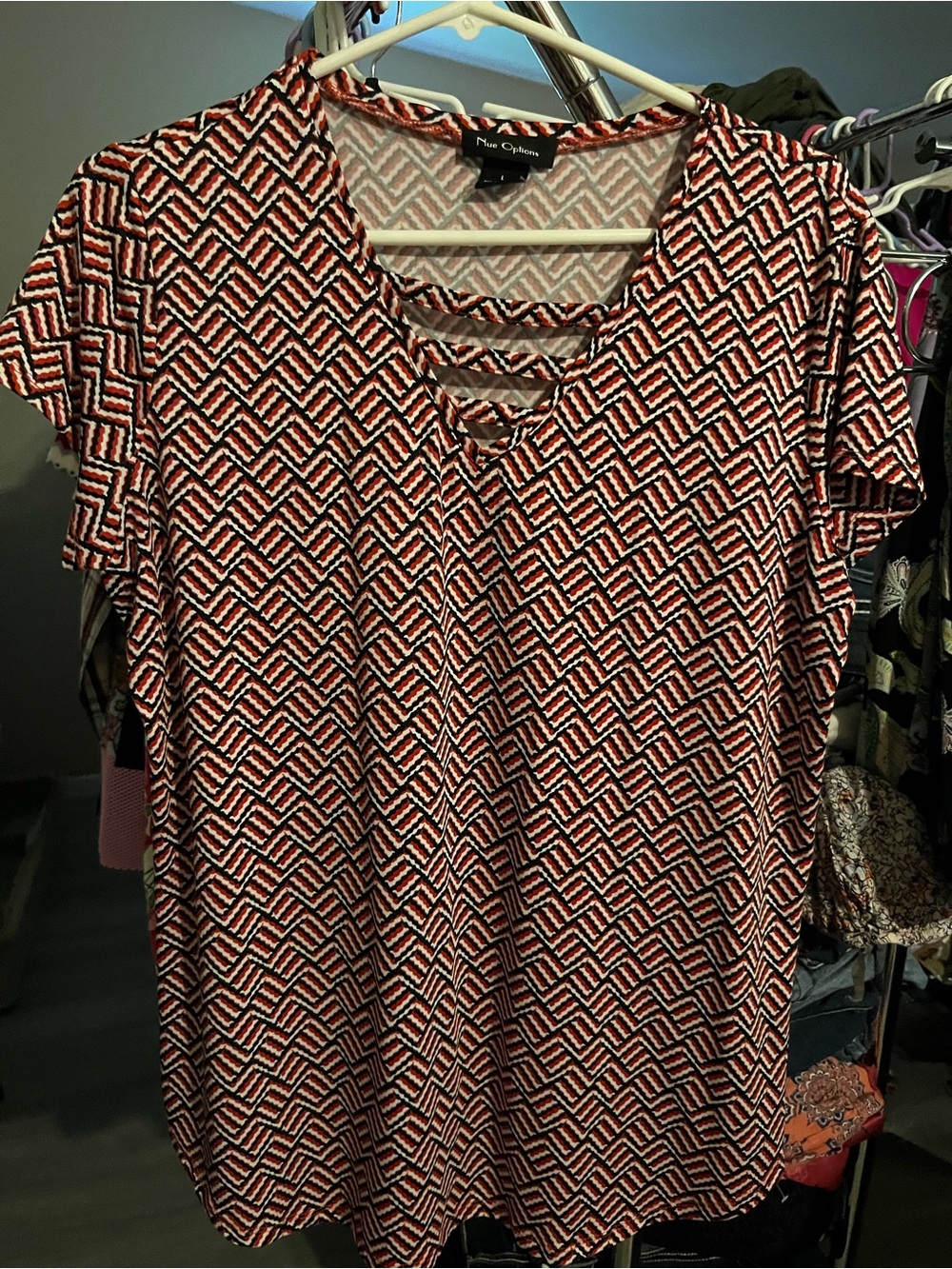 Nue Options Red and Black Geometric Lace-Up Short Sleeve Top
